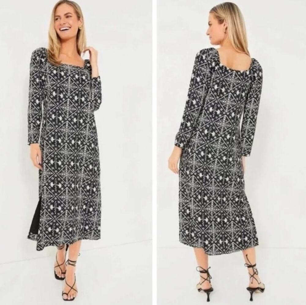 Hyacinth House Sabrina Midi Dress Black White Square Neck Puff Sleeve Size M
